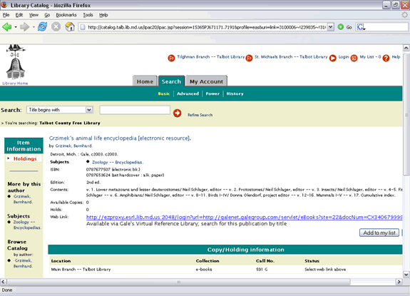 Sreenshot of library catalog displaying ebook link.